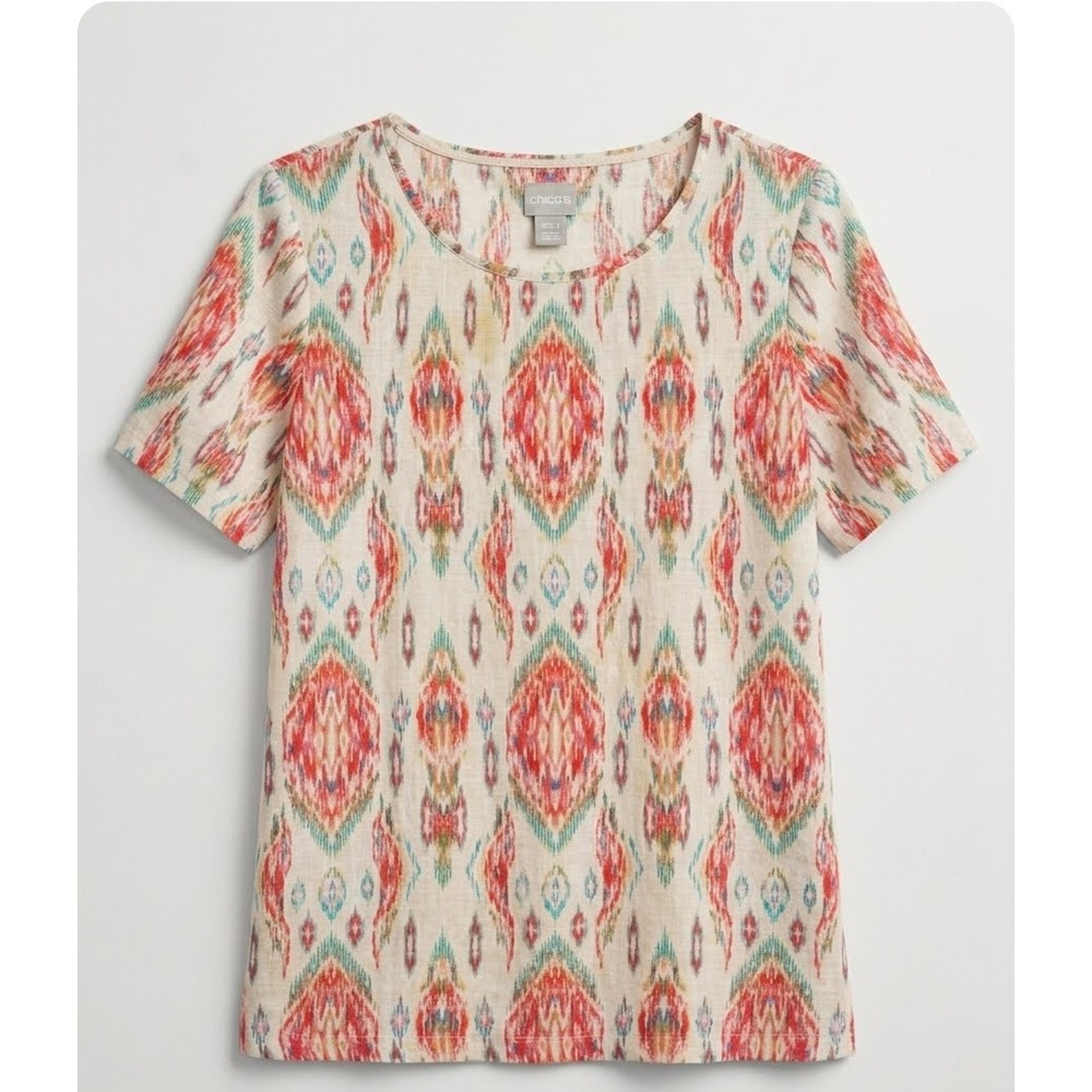 Chicos Boho Womens Ikat Diamond Print Short Sleeve Linen Blend Top Size 1 Medium